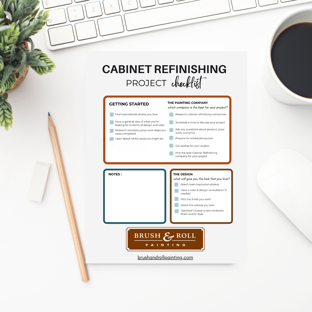 Cabinet refinishing checklist on a desk with a pencil and coffee.